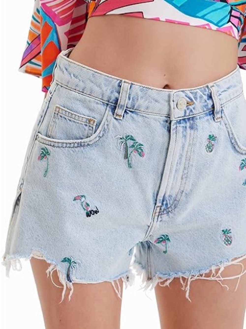 Desigual Milano Shorts Denim Tropical Embroidery Frayed Hem Size 38